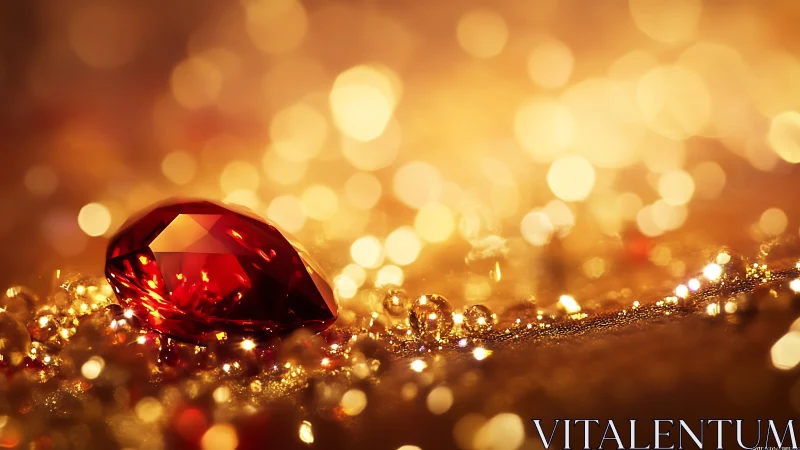 Faceted red gemstone rests on glittering bokeh-lit surface