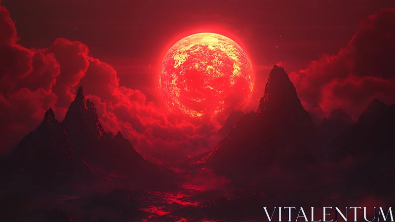 Volcanic red dwarf star illuminates jagged alien mountain basin