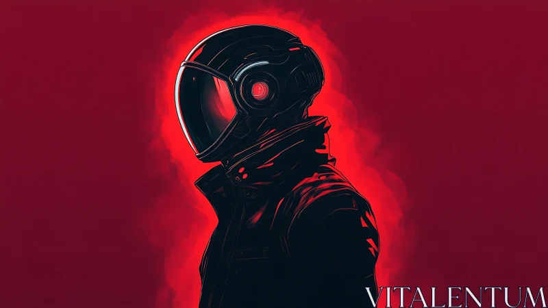 Lone neon voyager in a crimson glow of quiet sci fi mystery.