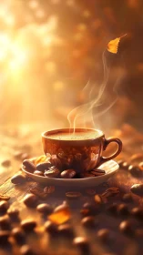 Steaming coffee cup with beans in warm golden sunlight.