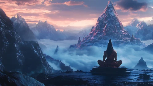 Meditating sage overlooks misty pyramidal mountain temple