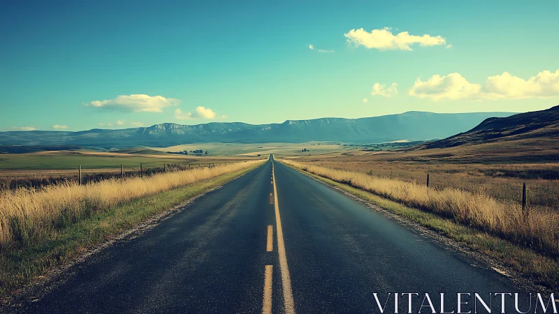 Straight rural highway through open plains toward mountains.