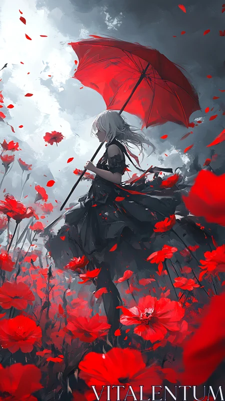 Girl with red umbrella crossing stormlit poppy field.