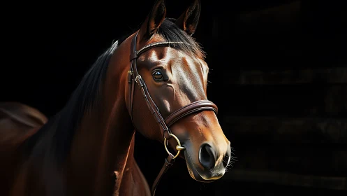 Side profile of bay horse in bridle against dark background.