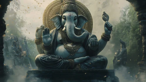 Majestic stone Ganesha statue in misty forest shrine.