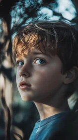 Young child with blue eyes in soft directional sunlight