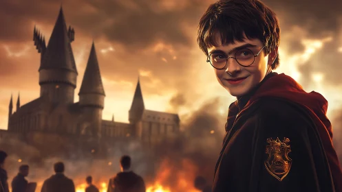 Young wizard before burning castle under ember sky.