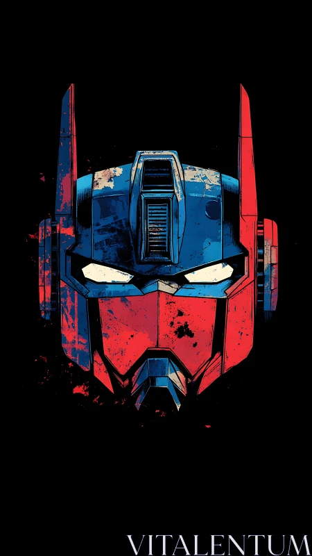 Battle worn red and blue robot helmet on black background.