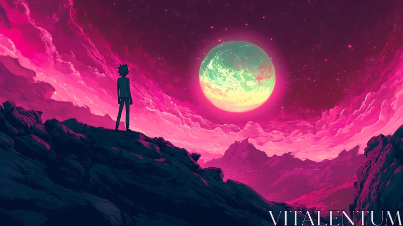 Solitary silhouette on neon magenta alien ridge under vast moon