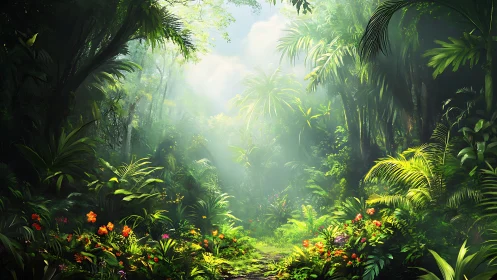 Sunlit Jungle Path Through Dense Tropical Canopy.