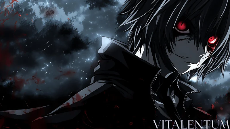 Scarlet-eyed night wanderer in a storm of shadow and sparks.