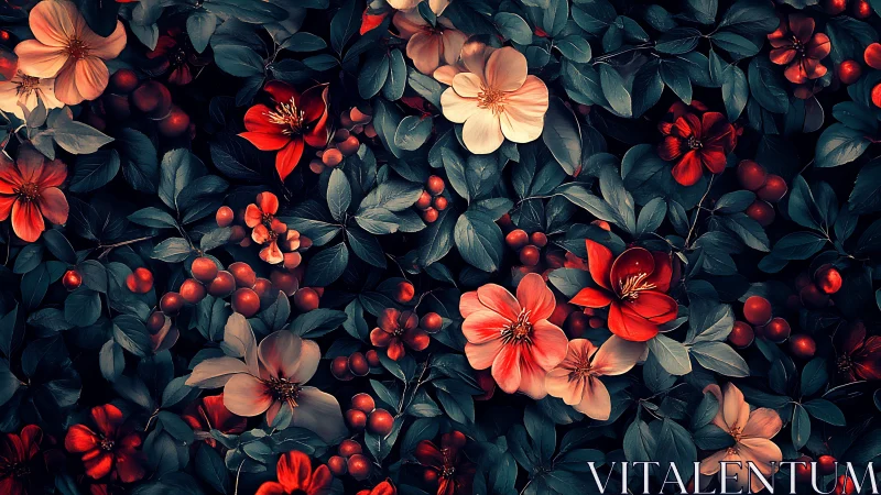 Deep red and coral flowers blooming with vibrant berries in dark foliage.
