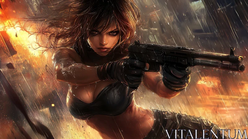 Armed female warrior aims shotgun amid cinematic urban downpour