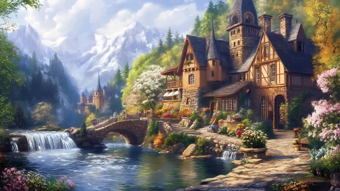 Storybook riverside village under bright mountain skies.