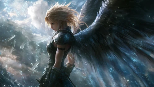 Stormlit winged warrior pauses gently between sky and sea