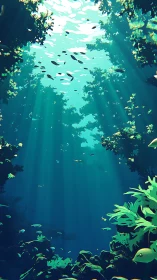 Underwater canyon scene shows fish, foliage, and light beams