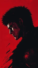 Brooding warrior silhouette in stark red minimal profile.