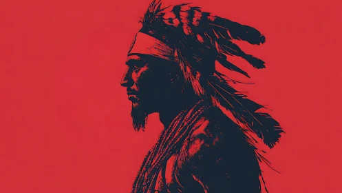 Profile portrait of indigenous warrior in red duotone.