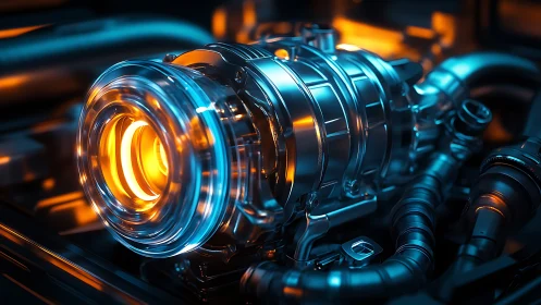Luminous turbo reactor ignites a neon‑lit mechanical heart.