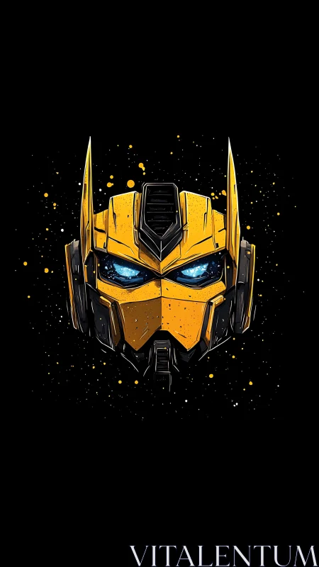 Centrally isolated yellow mech helmet rendered in bold digital ink