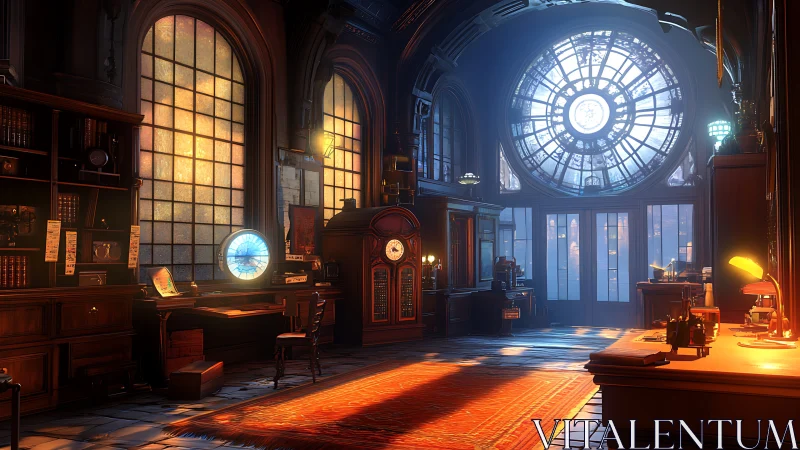 Timekeeper’s sunlit study under a cathedral clockface.