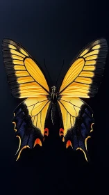 Symmetrical macro study of yellow swallowtail butterfly on black