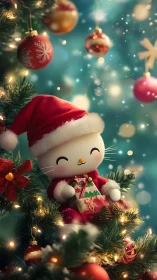 Santa-suited kitten ornament basking in twinkling Christmas glow.