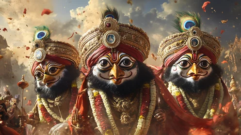 Three ornate festival deities stand in dense ceremonial crowd