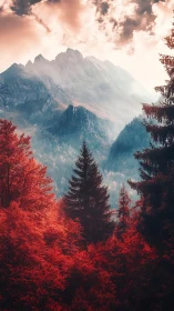 Crimson forest hush beneath misty sunrise mountains.
