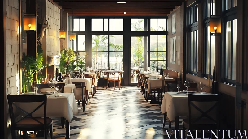 Sunlit fine dining corridor with modern rustic interior design