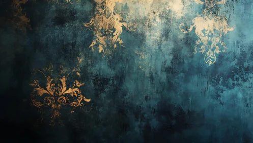 Elegant gold damask pattern on textured teal grunge background.