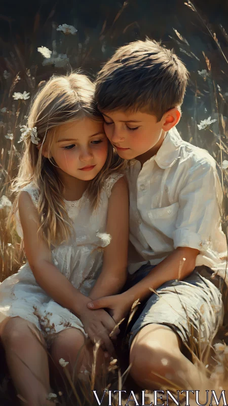 Tender Moment in Wildflowers: Children's Intimate Portrait.
