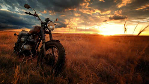 Motorcycle in dry grassland under low sun and clouded sky.