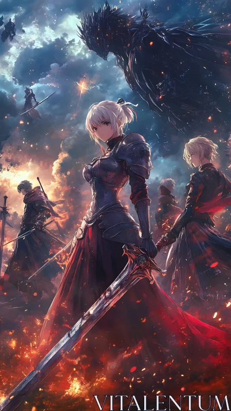 Ember-lit knight sisters face towering shadow in stormy sky.