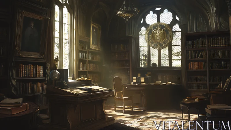 Sunlit antique library glows with dust-lit scholarly calm