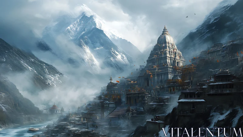 Temple citadel rising through mist in snowbound mountainscape.