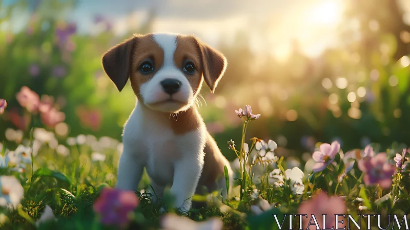 Backlit puppy portrait in shallow-depth meadow bokeh field.