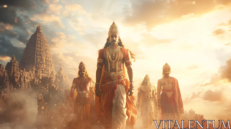 Mythic warriors approach ancient temple under golden sky.