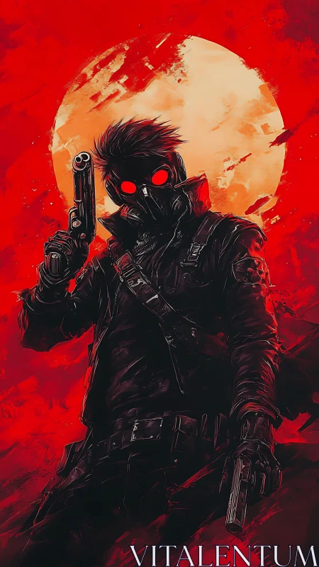 Midnight gunslinger under a blazing crimson moon.
