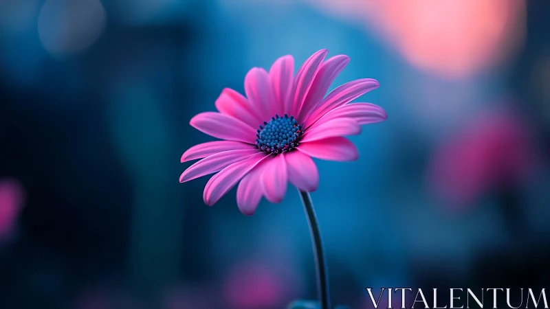 Vibrant Pink Daisy Against Blurred Blue Background.