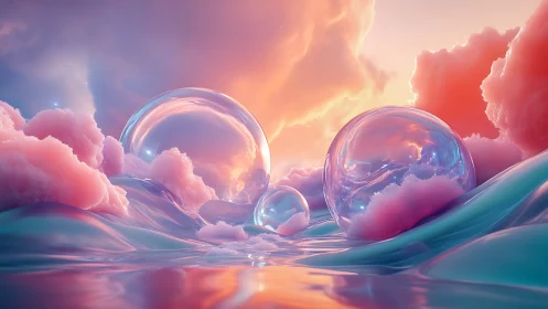 Iridescent spheres drift above pastel clouds in liquid sky