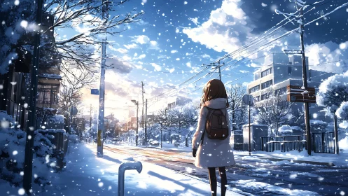 Solitary figure on snowy urban street under bright sky.