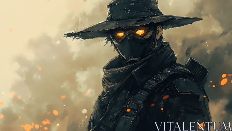 Masked wanderer with glowing eyes in smoky emberscape.