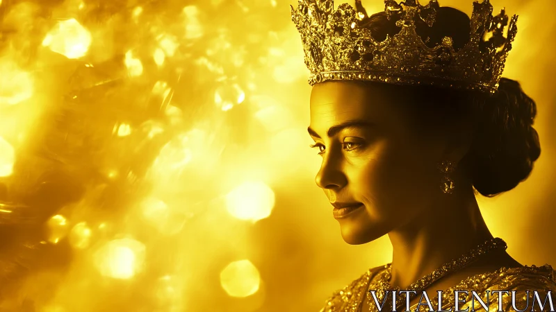 Regal crowned woman glows in rich golden side lighting