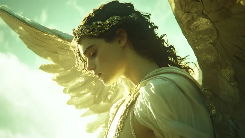 Golden-winged seraphic portrait under radiant backlight.