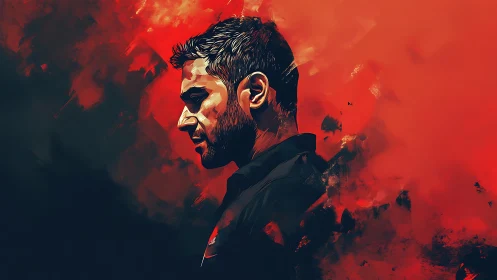 Side profile portrait of man on red abstract background.