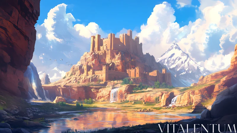 Mountain fortress overlooks waterfalls and river valley