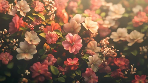 Warm-toned floral arrangement with layered pink and cream blossoms.