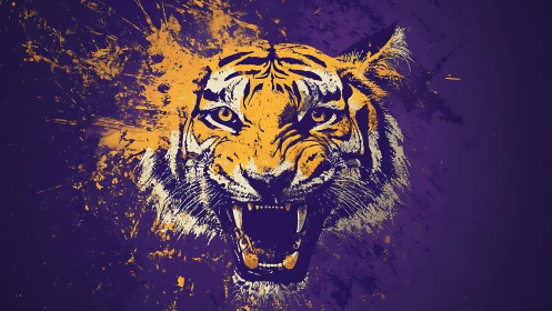 Roaring tiger portrait in dynamic purple and gold splatter.