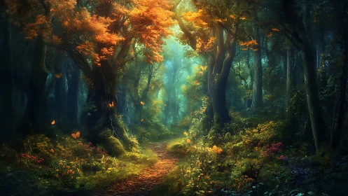 Woodland Path Through Old Growth Forest with Canopy Light.